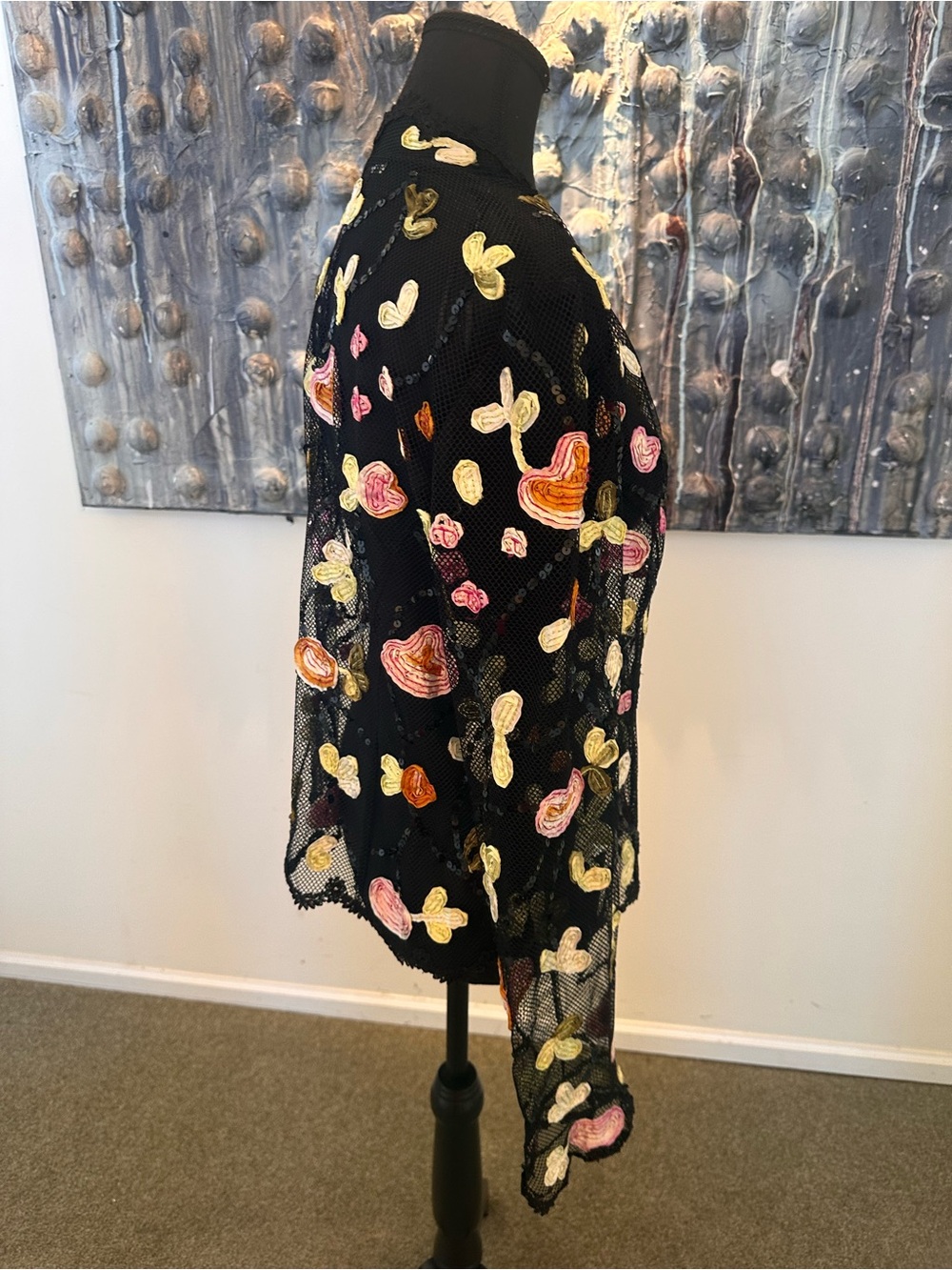 ⭐️ Black Sheer Mesh Cardigan with Pink, Yellow & Orange Appliqués - Picture 6 of 12